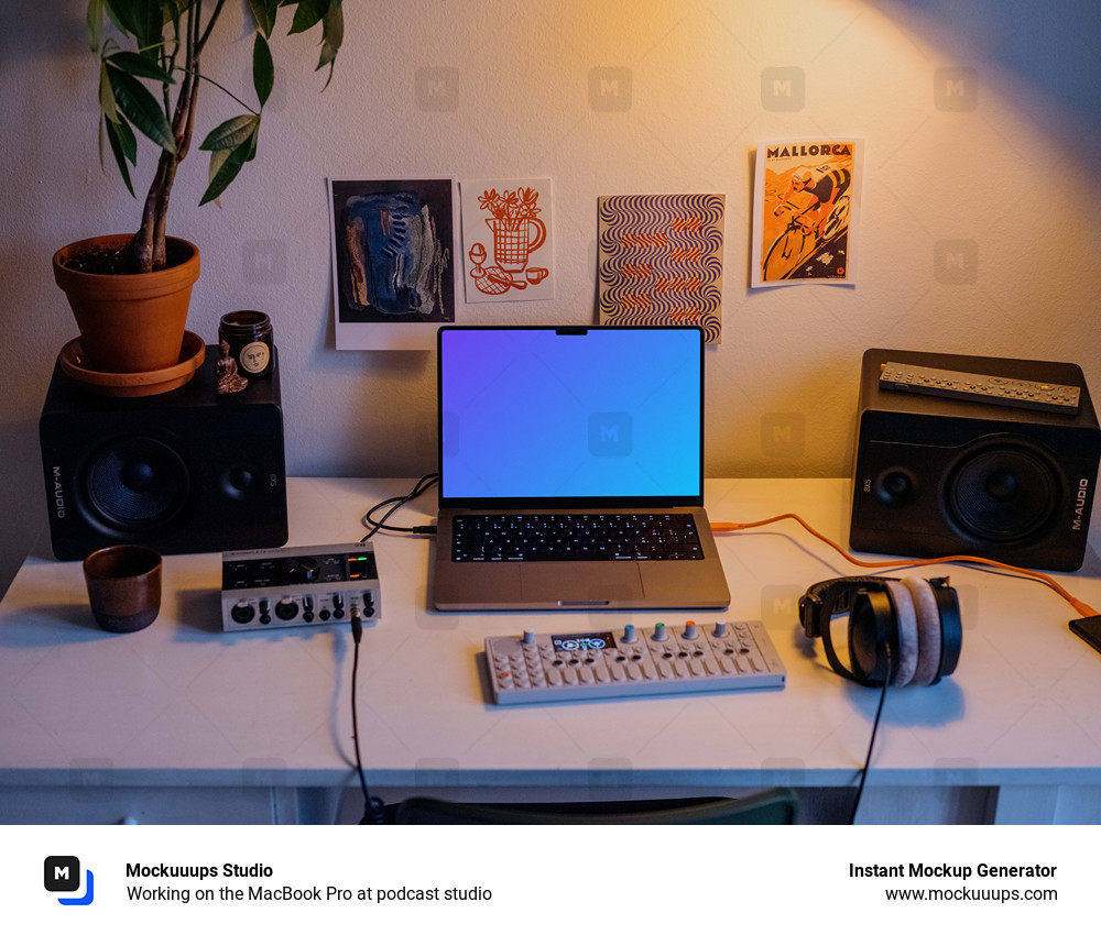 Working on the MacBook Pro at podcast studio