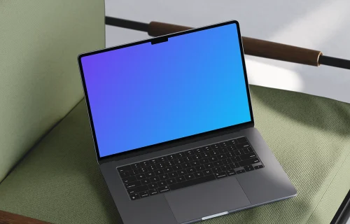 MacBook Air mockup on a green armchair