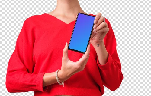 Woman in red shirt holding Google Pixel mockup with both hands