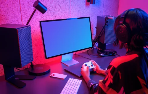 Apple Studio Display mockup in a Vibrant Gaming Setup