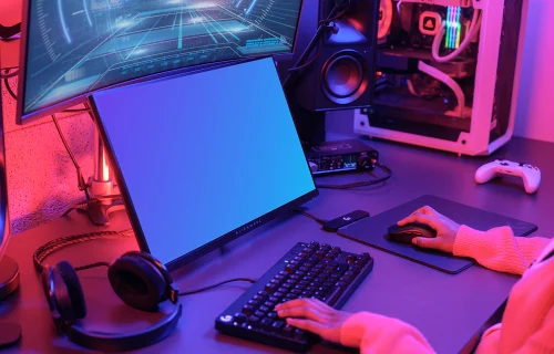 Dell display mockup in a vibrant gaming setup