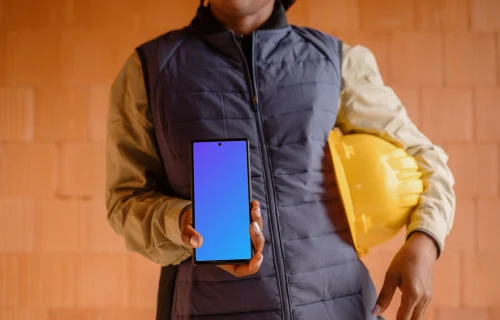 Female engineer holding a Google Pixel 6 mockup