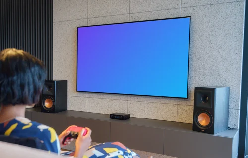 Gaming session TV mockup with sound system