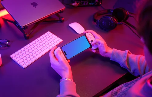 iPhone 15 Pro mockup with gaming setup