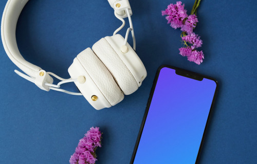 iPhone mockup next to a headset