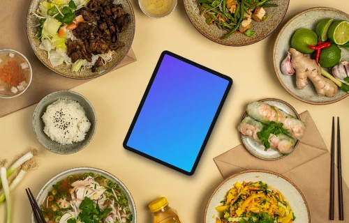 Tablet mockup in vietnamese cuisine theme