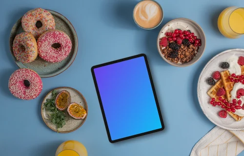 Tablet mockup next to the luscious breakfast