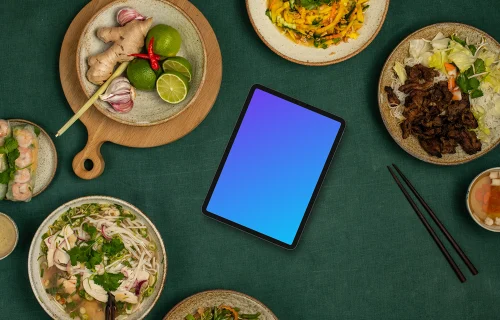 Tablet mockup with vietnamese cuisine meals