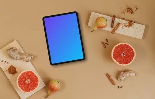Top view of tablet mockup with autumn styling