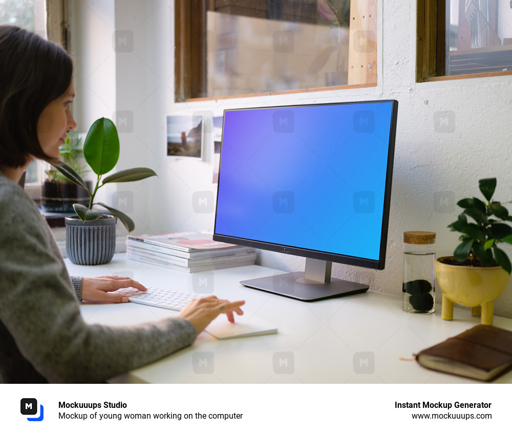 Mockup of young woman working on the computer