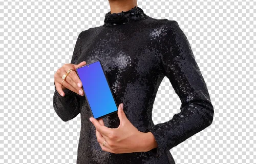 Extravagant woman showcases a Google Pixel mockup