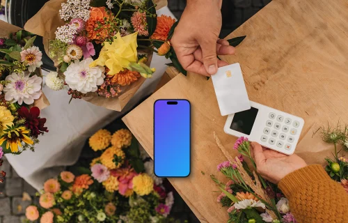 Flower shop interior with an iPhone mockup and contactless payment