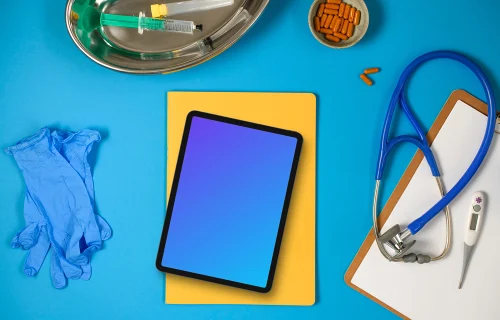 Medical essentials with tablet mockup