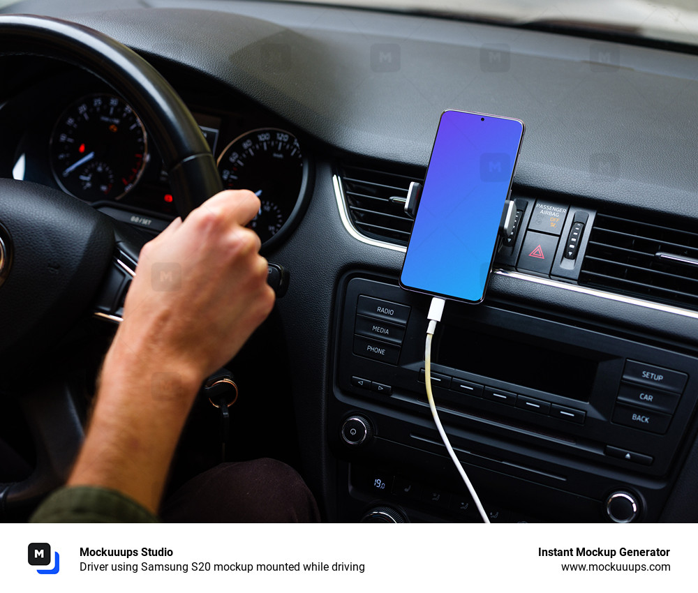 Driver using Samsung S20 mockup mounted while driving